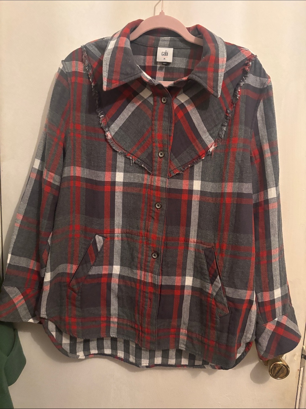 CAbi Gray, Red & White Plaid Button-Up Jacket